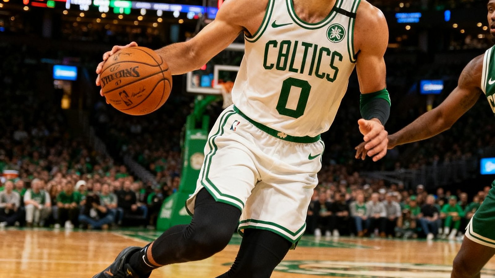 NBA常规赛凯尔特人主场迎战雄鹿的高清直播画面，塔图姆持球突破