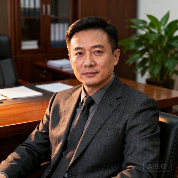 蓝鲸体育创始人兼CEO陈远航，40岁，身穿深灰色西装在办公室的正式肖像照