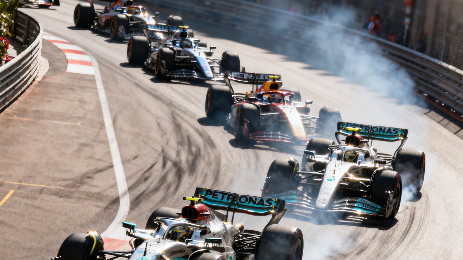 F1摩纳哥大奖赛蒙特卡洛赛道中多车精彩超车与弯道竞逐集锦